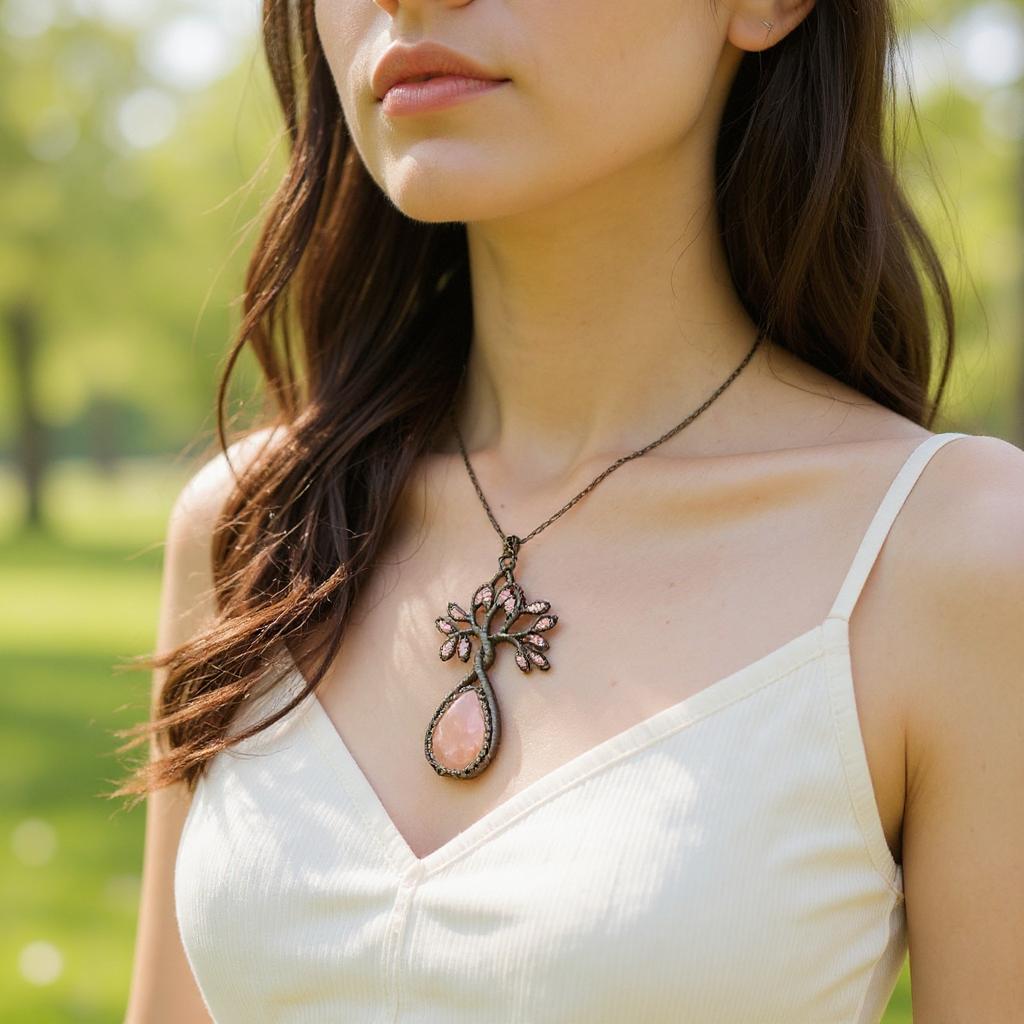 Makramee-Kette mit Rosenquarz – Lebensbaum-Anhänger