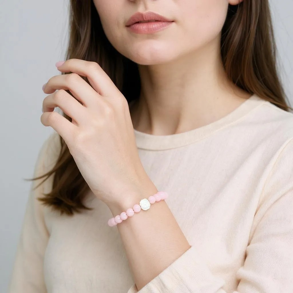 Kirschblütenjaspis Perlenarmband mit Perlmuttrose