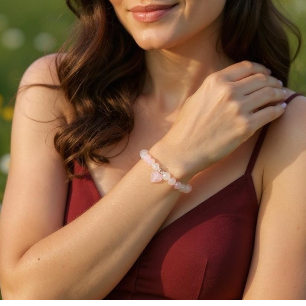 Rosenquarz Perlenarmband mit Herzanhaenger