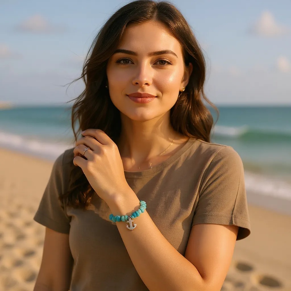 Maritimes Armband mit Amazonit Splitterperlen & Anker
